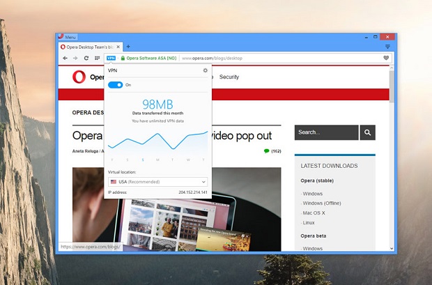 В Opera для десктопов появился интегрированный бесплатный VPN