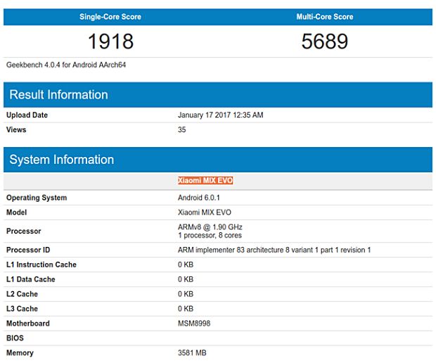 Смартфон Xiaomi MIX EVO с Snapdragon 835 SoC засветился в Geekbench