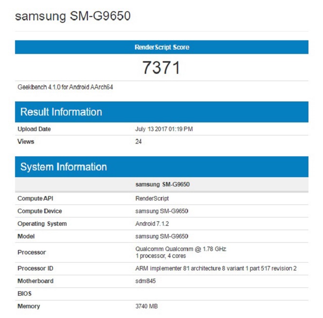 Самсунг Galaxy S9 на Snapdragon 845 замечен в Geekbench