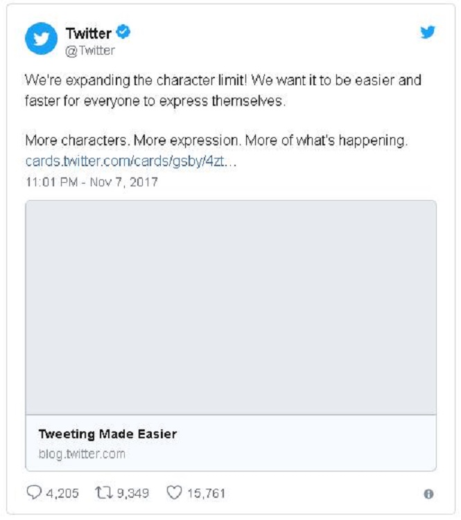 Публикации в соцсети социальная сеть Twitter сейчас вмещают до 280 знаков