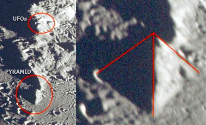 Пирамида и два НЛО над поверхностью Луны