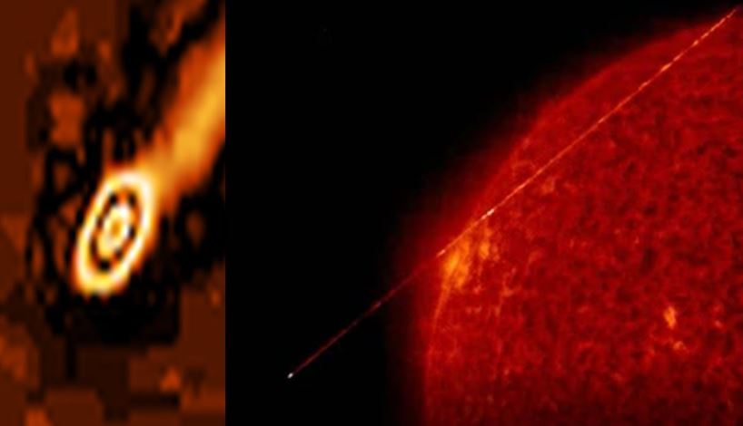 Гигантский космический корабль пришельцев стреляет огромным лазерным лучом возле Солнца