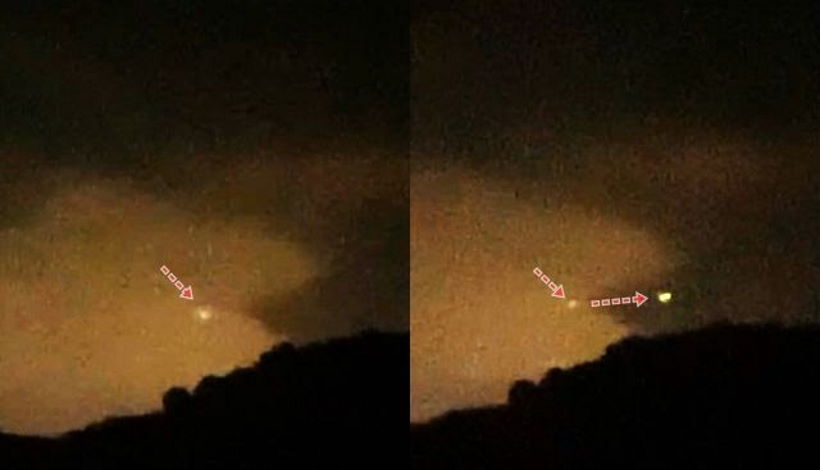 НЛО выбрасывает яркий цилиндрический объект в чистое ночное небо