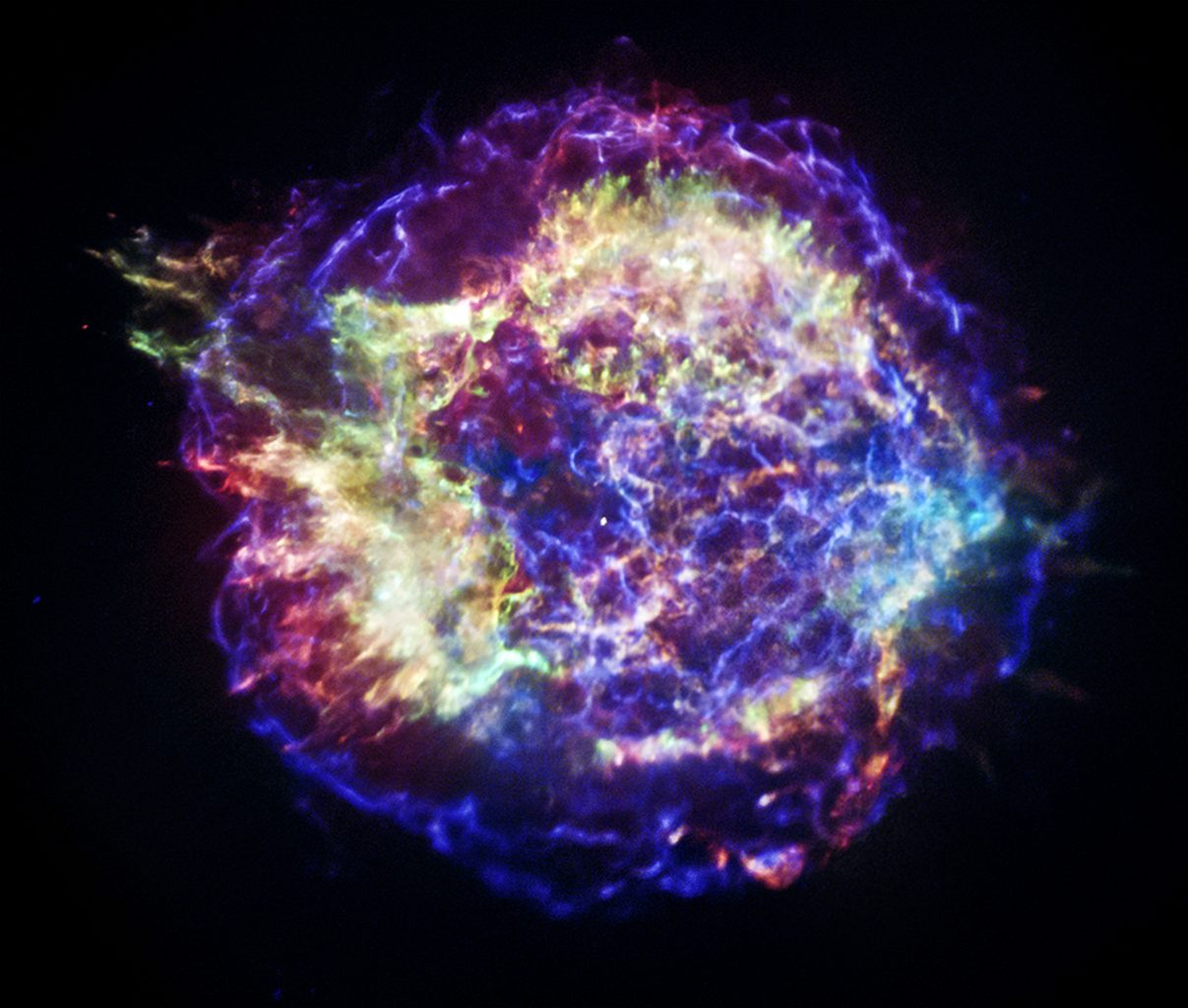 Составное изображение Кассиопеи А 2005 года, сделанное на основе объединенных данных Чандры, Хаббла и Спитцера. Фото: NASA/JPL-Caltech