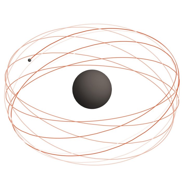 Короткий участок орбитального пути, за которым следует звездный компонент ЭМИ вокруг вращающейся черной дыры. Фото: Н. Франчини
