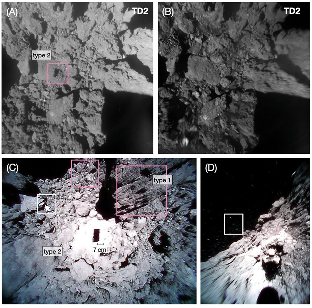 Галька и валуны на поверхности Рюгу: (a,b) снимки, сделанные станцией; c,d) изображения, полученные модулем MINERVA-II 1A. Фото: С. Татибана и др. / Наука, 2022