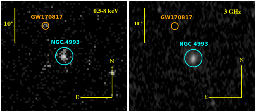 Рентгеновские (слева) и радио (справа) снимки GW170817, сделанные через 1209−1265 дней после слияния. Фото: Aprajita Hajela et al. / ArXiv, 2022
