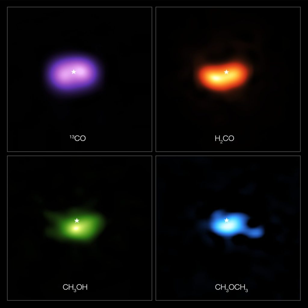 Изображения ALMA показывают, где именно находятся различные молекулы в диске вокруг звезды IRS 48. Наблюдения выявили наличие нескольких видов сложных органических молекул, включая формальдегид (H2CO; оранжевый), метанол (CH3OH; зеленый) и диметиловый эфир (CH3OCH3; синий); последняя молекула является самой большой из когда-либо найденных в протопланетном диске. Фото: ALMA (ESO/NAOJ/NRAO)/A. Pohl, van der Marel et al., Brunken et al.