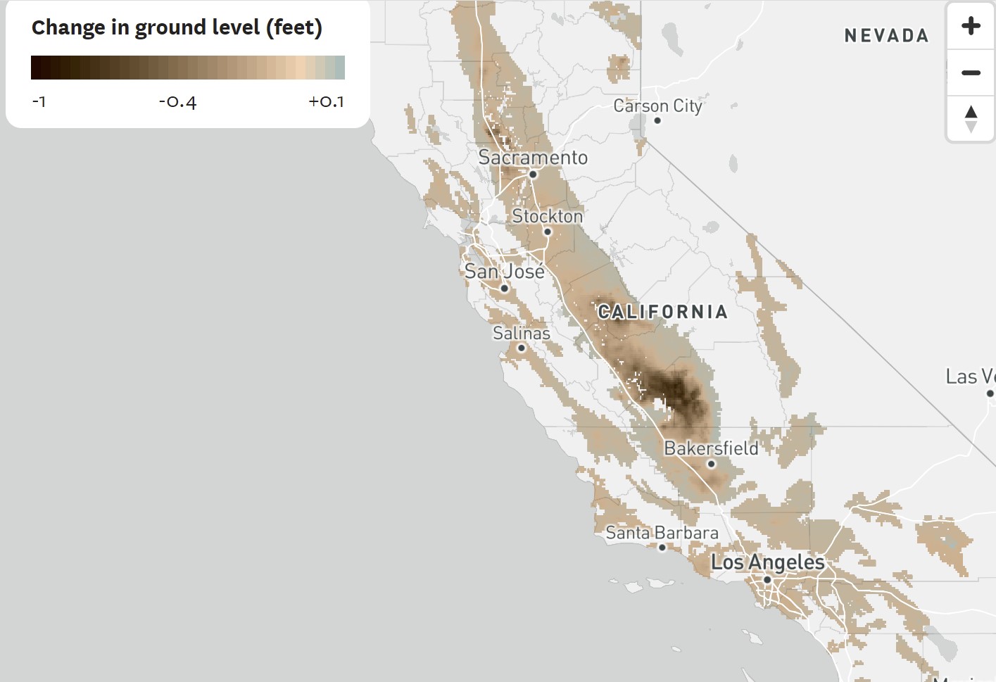 Засуха в Калифорнии привела к тому, что целые города утонули почти на фут всего за один год.  На этой карте показано, где