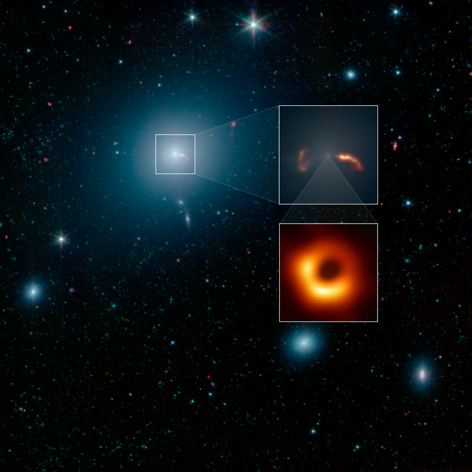 Крупный план EHT центральной области галактики M87 и тени черной дыры. Авторы и права: НАСА / JPL-Caltech / IPAC