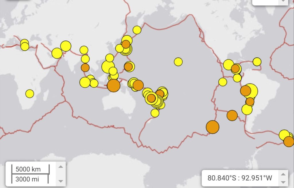 Карта, показывающая землетрясения с магнитудой 4,5+ за последние 7 дней.