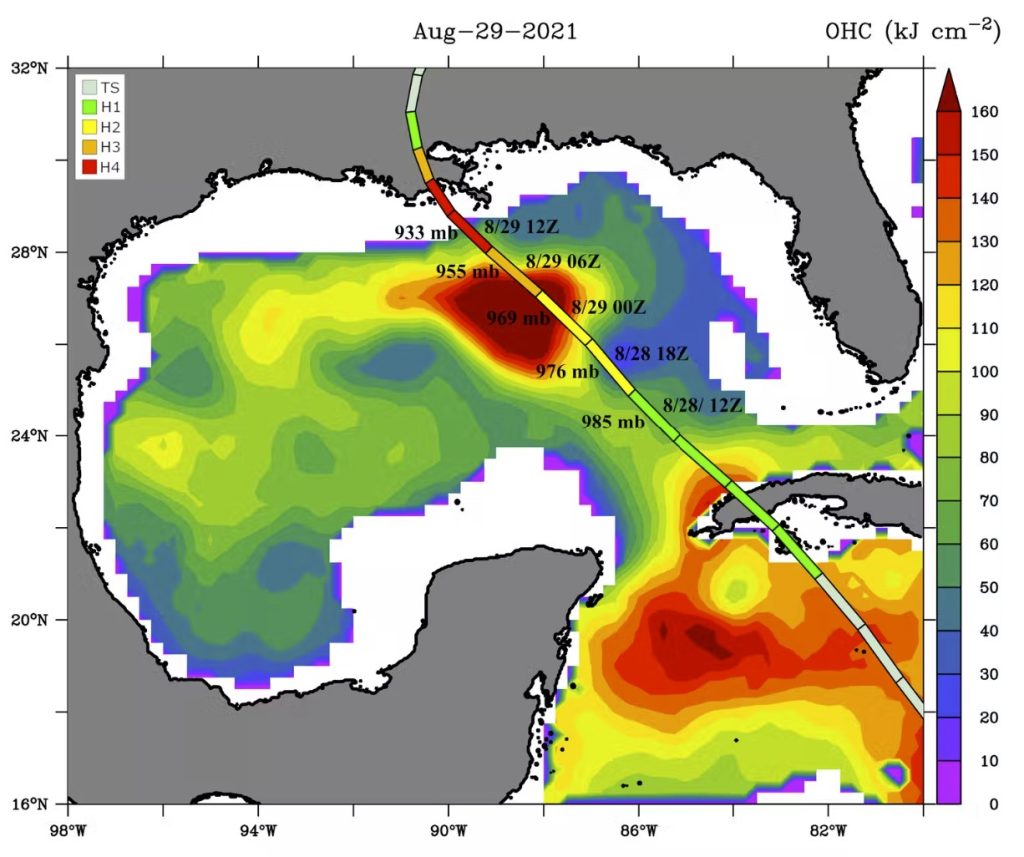 Карта пути урагана Ида, показывающая его центральное давление и силу урагана в каждой точке, а также глубину океанского тепла, способного подпитывать ураган. Давление урагана Ида быстро упало, когда он пересек границу теплого и глубокого водоворота 29 августа 2021 года. Ник Шей / Университет Майами, CC BY-ND