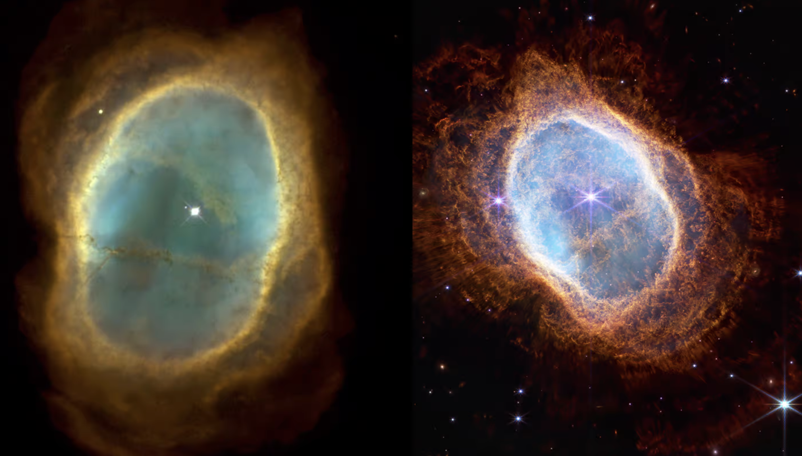 Туманность Южное Кольцо глазами Хаббла (слева) и Уэбба (справа). НАСА, ЕКА, CSA и STScI.