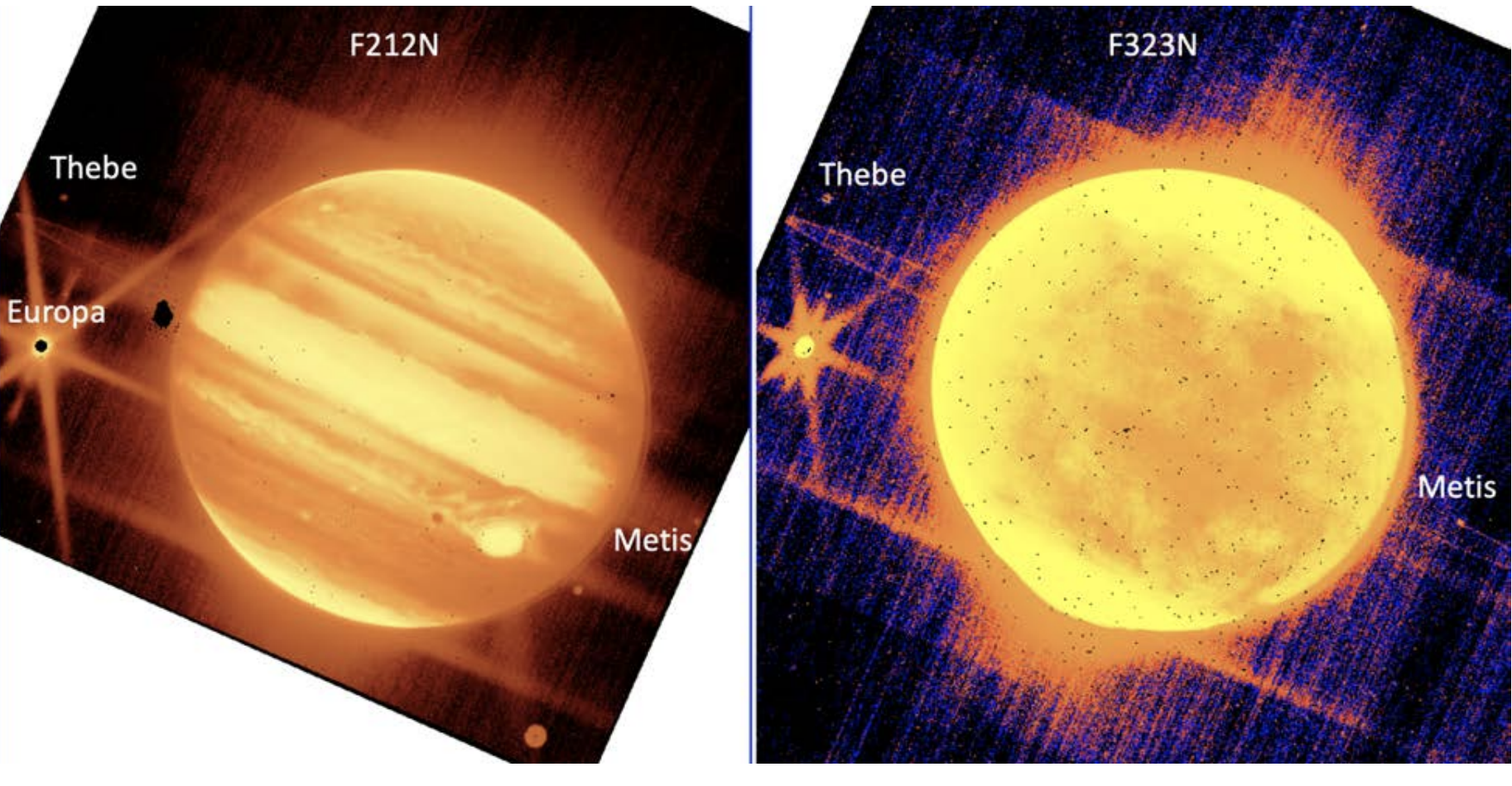 Фотография Юпитера с использованием двух разных фильтров, сделанная космическим телескопом Джеймса Уэбба. Изображение предоставлено: (НАСА, ЕКА, CSA и STScI).