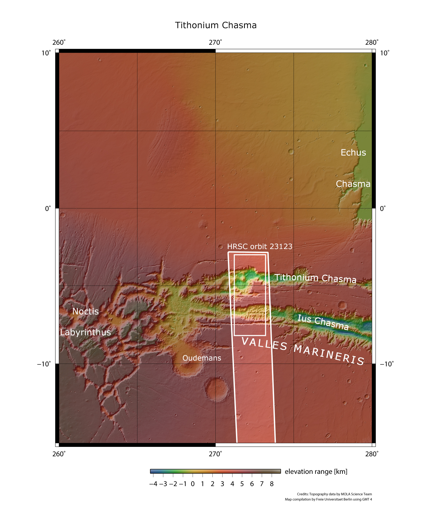 Структура марсианского каньона Valles Marineris показана на этом изображении, полученном с помощью Mars Express ЕКА. Научная группа NASA/MGS/MOLA.