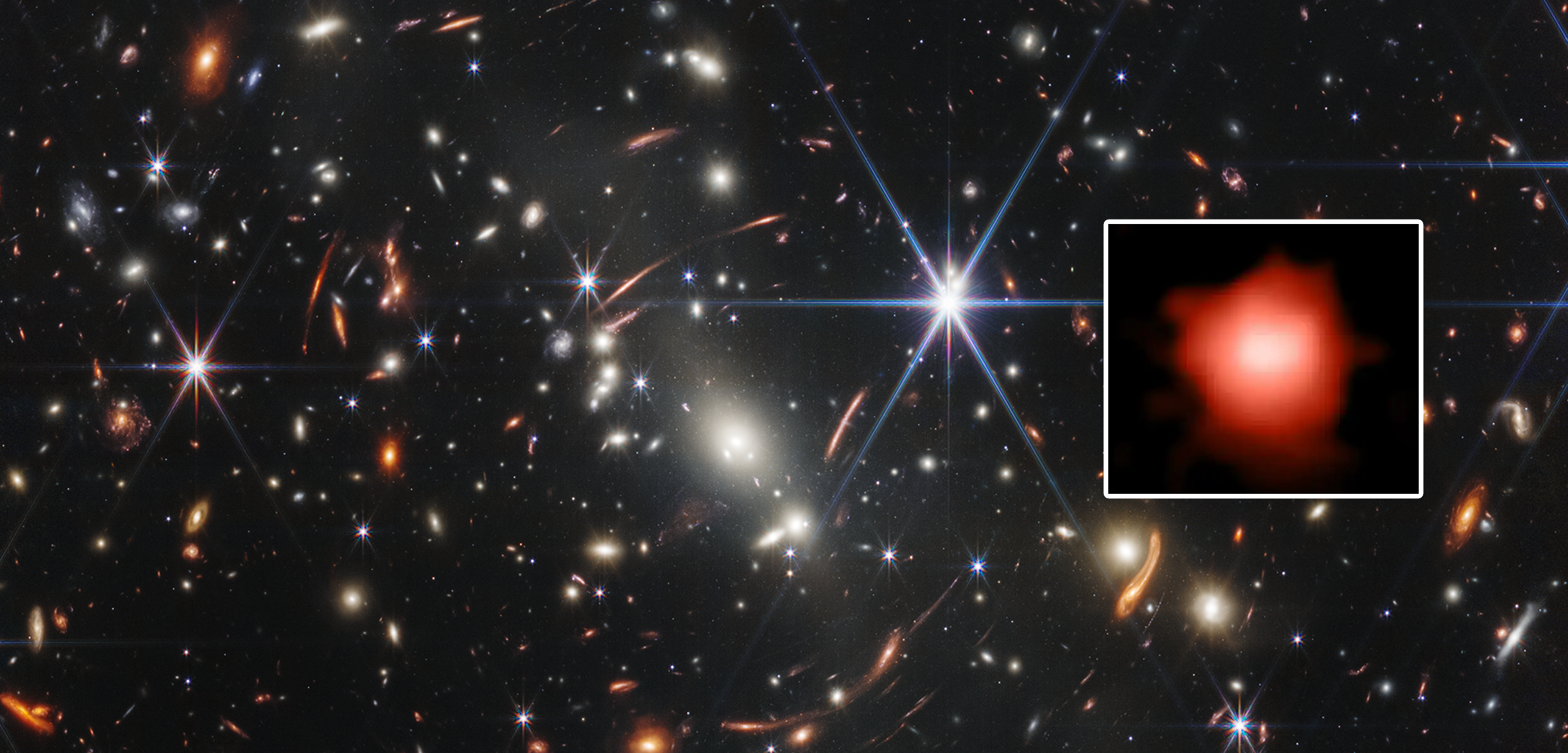 Изображение Джеймса Уэбба Deep Field и изображение того, что считается самой старой галактикой, обнаруженной на сегодняшний день. Т. Треу/GLASS-JWST/NASA/CSA/ESA/STScI.