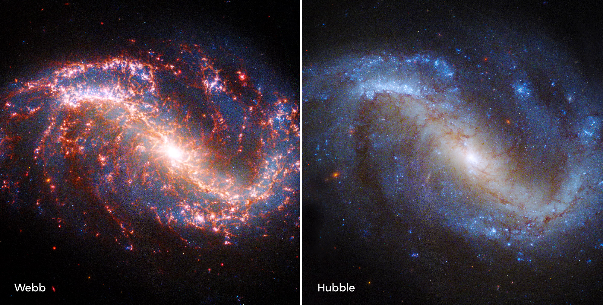 Сравнение изображения NGC 7496, полученного космическим телескопом Джеймса Уэбба (слева), и той же галактики, сфотографированной космическим телескопом Хаббла (справа). НАСА, ЕКА, CSA и STScI.
