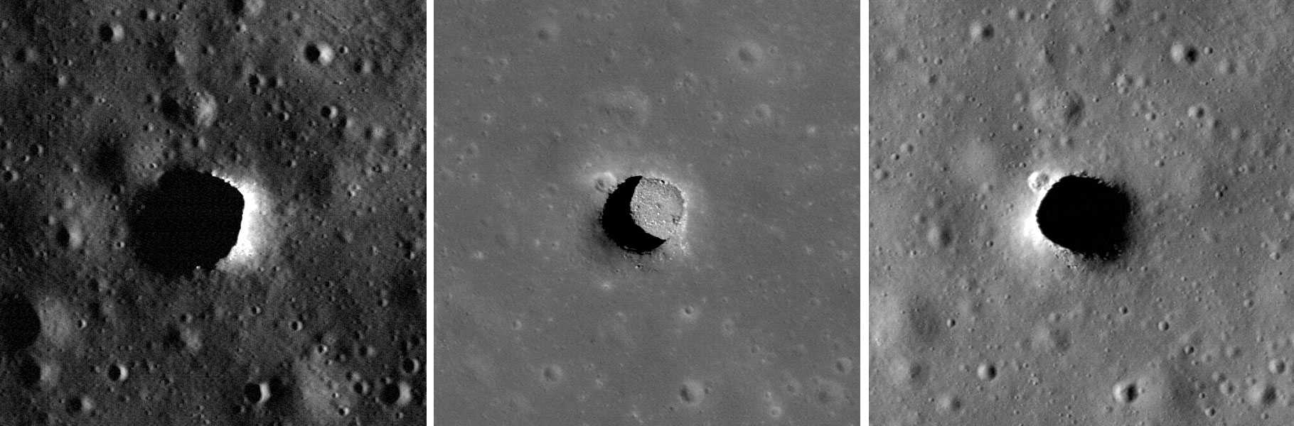 Три изображения карьера Мариус-Хиллз были сделаны камерой NASA Lunar Reconnaissance Orbiter Camera, на каждом из которых было очень разное освещение. Когда Солнце поднимается высоко над дном карьера Мариус-Хиллз, ученые могут видеть дно карьера. Эта яма имеет глубину примерно 34 метра и ширину 65 метров (213 футов на 295 футов). Изображение предоставлено: NASA/GSFC/Университет штата Аризона.