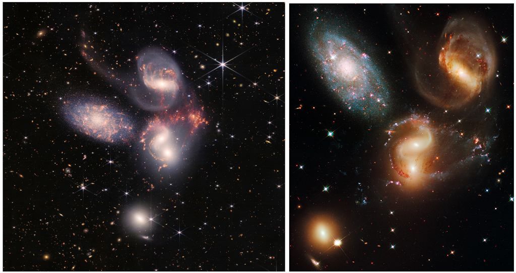 Вот вид на Квинтет Стивена. Слева изображение Уэбба, а справа Хаббла. НАСА, ЕКА, CSA и STScI.