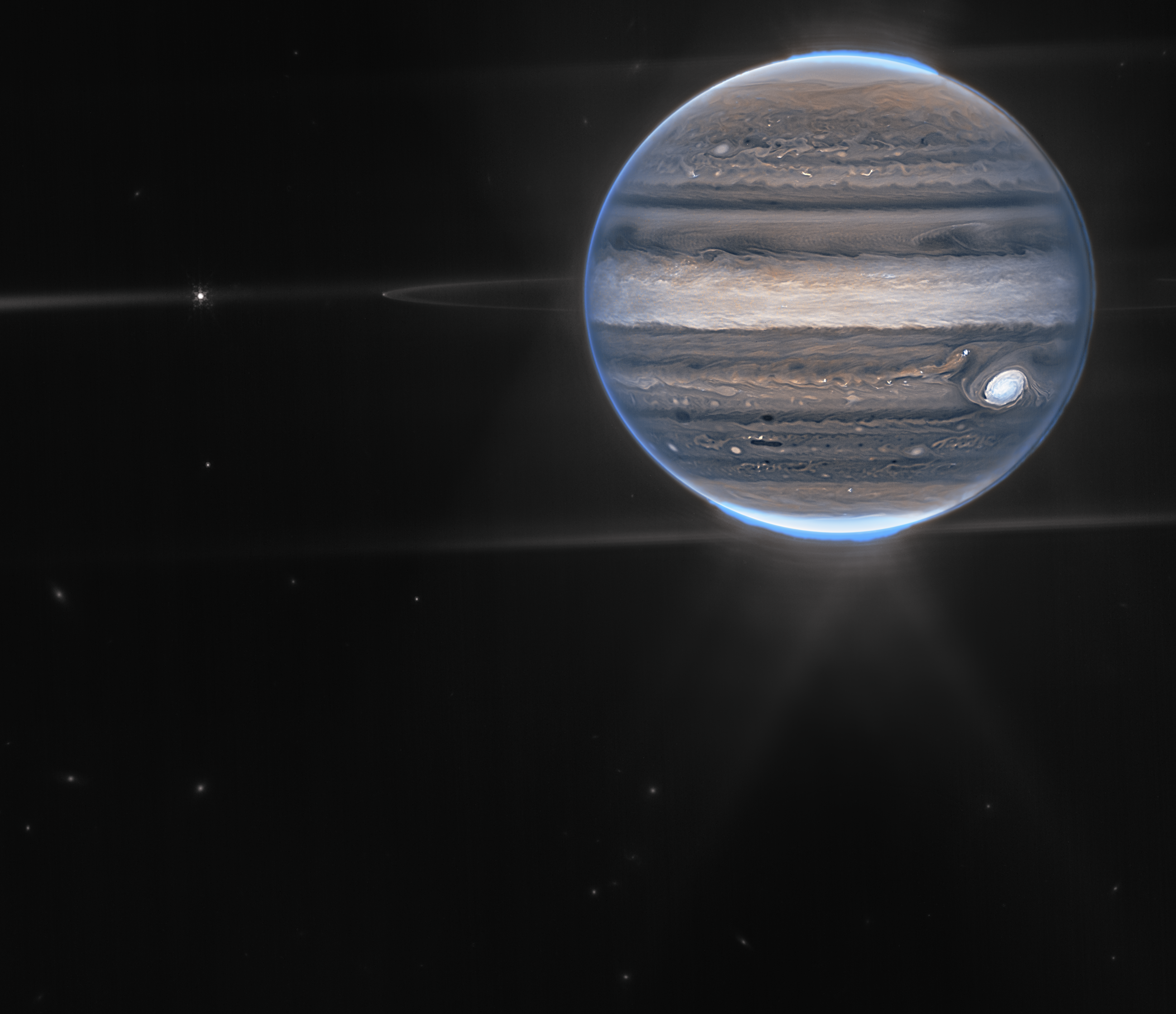 На этом изображении Юпитера, сделанном космическим телескопом Джеймса Уэбба, можно увидеть много деталей. Авторы и права: NASA, ESA, CSA, Jupiter ERS Team; обработка изображений Джуди Шмидт.