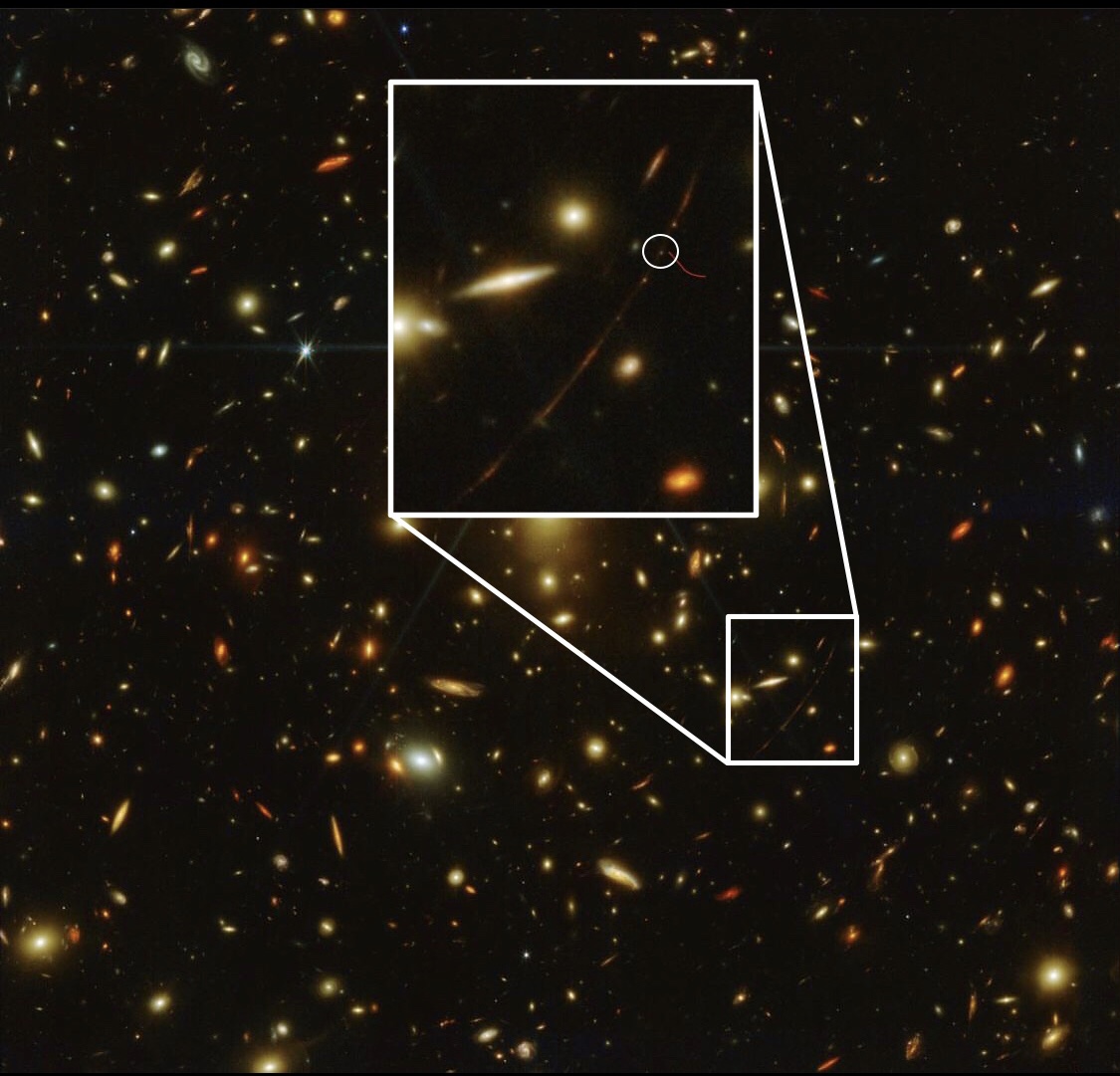 Хотя некоторые люди могут подумать, что Эарендель — это яркая остроконечная звезда на недавней фотографии, это не так, и вот ее фактическое местоположение. Кредиты: НАСА, ЕКА, CSA, STScI.