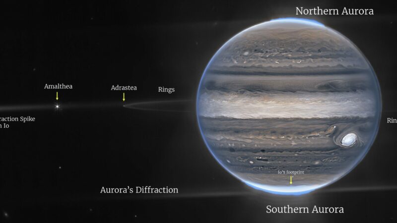 На новых фотографиях Юпитера, сделанных Джеймсом Уэббом, видны полярные сияния, облака, луны и многое другое