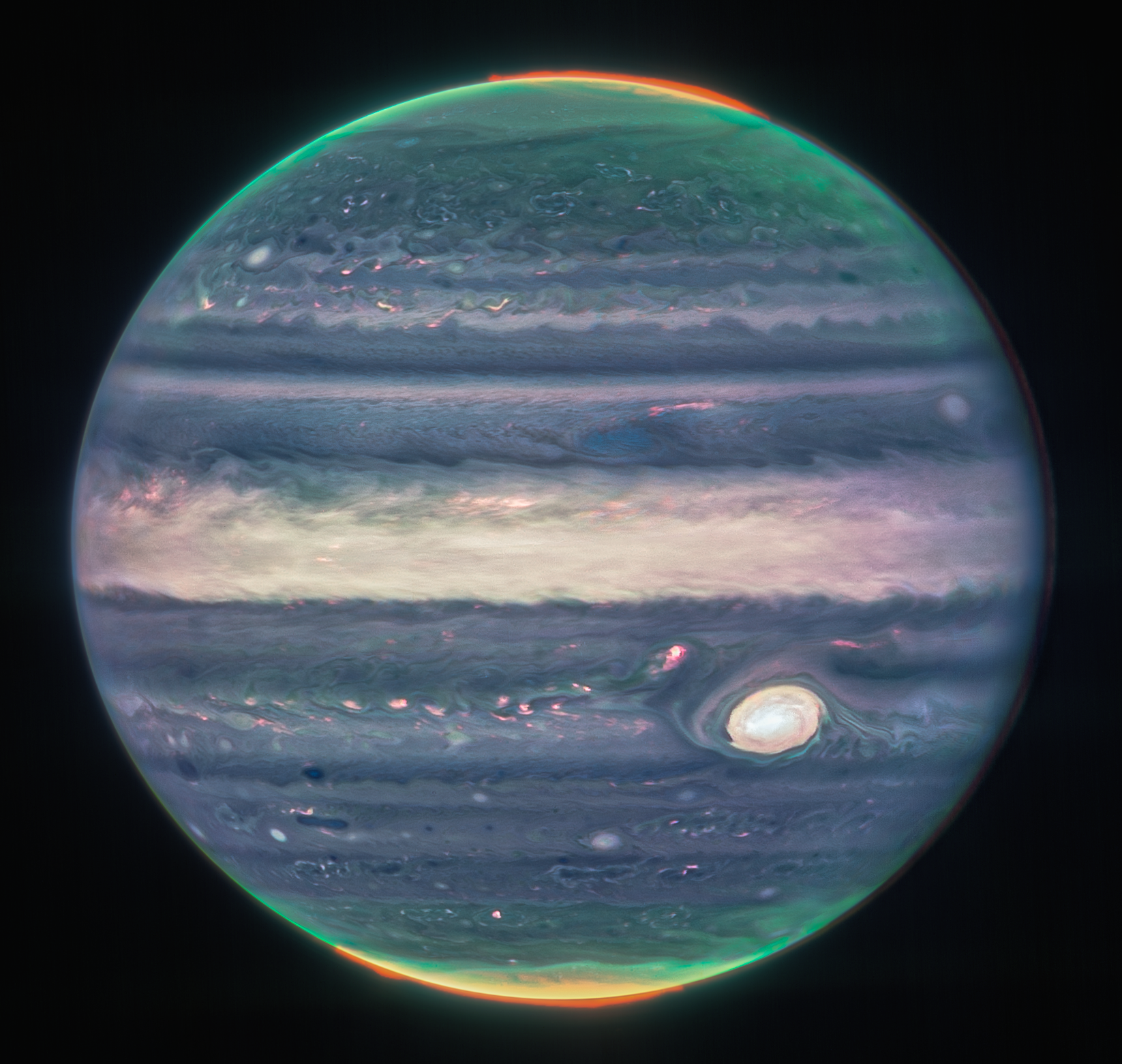 Потрясающий вид на Юпитер, сделанный космическим телескопом Джеймса Уэбба. Авторы и права: NASA, ESA, CSA, Jupiter ERS Team; обработка изображений Джуди Шмидт.
