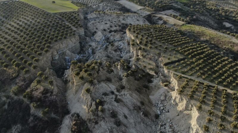 Страшное видео показывает, как оливковая роща превратилась в гигантский каньон после того, как землетрясение в Турции раскололо землю огромными трещинами.