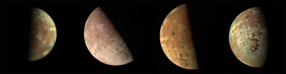 Было представлено захватывающее дух составное изображение спутника Юпитера Ио, созданное на основе компиляции данных, полученных во время четырех пролетов космического корабля НАСА «Юнона». Данные изображения: NASA/JPL-Caltech/SwRI/MSSS/ Обработка изображений, слева направо: Бьорн Йонссон (CC NC SA), Джейсон Перри (CC NC SA), Майк Рэвин (CC BY), Кевин М. Гилл (CC BY ).