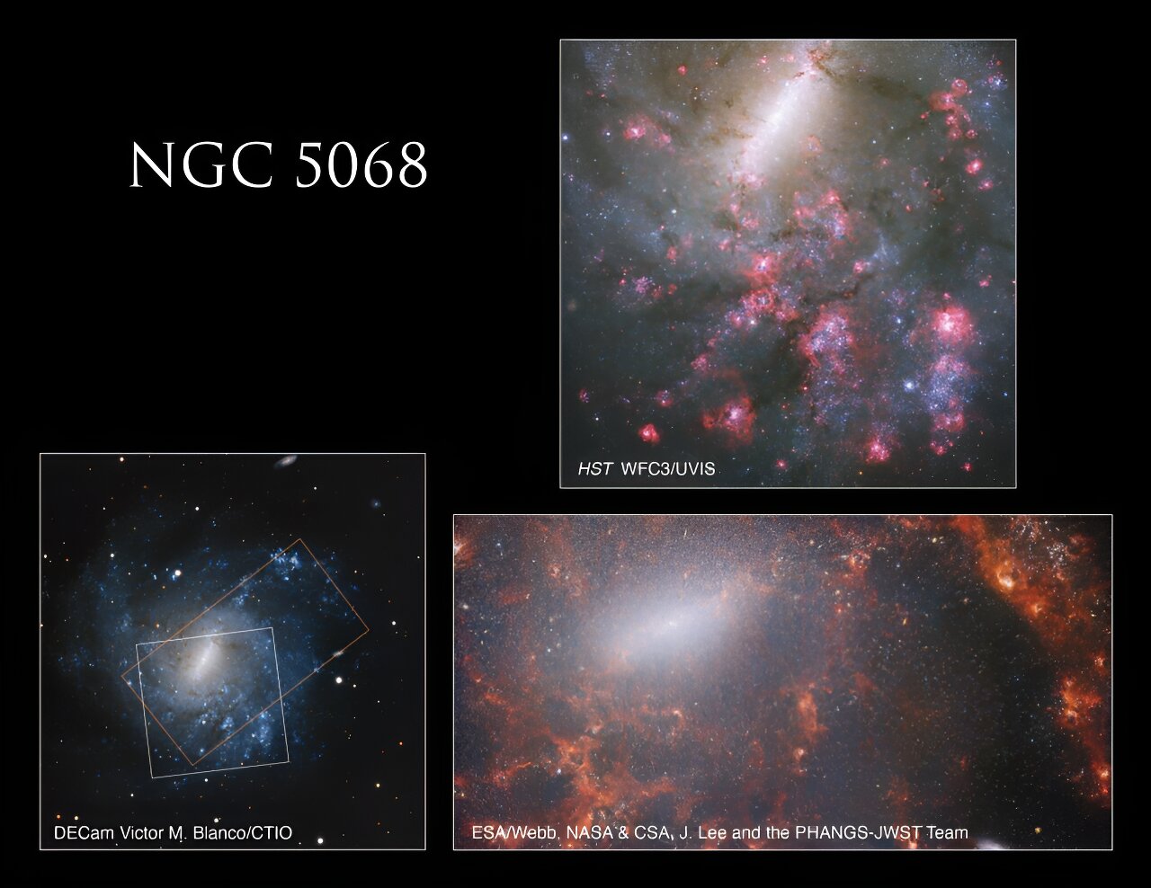 The image from NASA's Hubble Space Telescope (top right) encompasses ultraviolet, visible, and near-infrared wavelengths. In contrast, the Webb image (bottom right) showcases in infrared. The broad-view image of NGC 5068 on the bottom left pinpoints the respective locations of the Hubble and Webb images within the entire galaxy, establishing their relational context. Image credits go to NASA, ESA, R. Chandar (University of Toledo), and J. Lee (STScI); with processing by Gladys Kober (NASA/Catholic University of America), DECam, Victor M. Blanco/CTIO, CSA, J. Lee, and the PHANGS-JWST Team.
