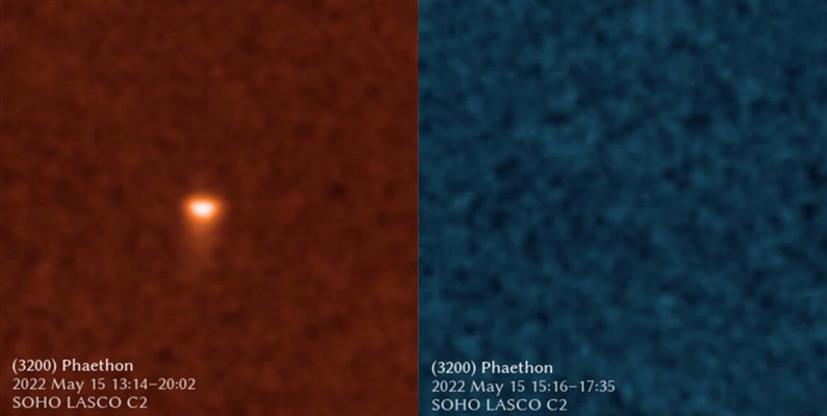 Изображение SOHO с оранжевым фильтром, которое позволяет обнаружить натрий, показывает ярко светящийся астероид 3200 Фаэтон.