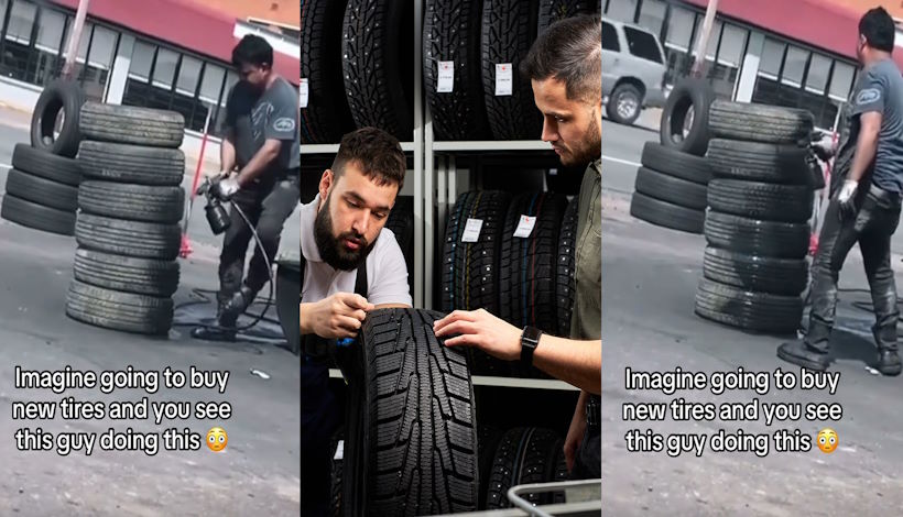 Представьте, что вы идете покупать новые шины и видите, как этот парень делает это”: Клиент застает работника шиномонтажной мастерской за покраской шин в черный цвет