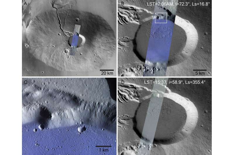 Первое обнаружение инея на самых высоких вулканах Солнечной системы на Марсе 