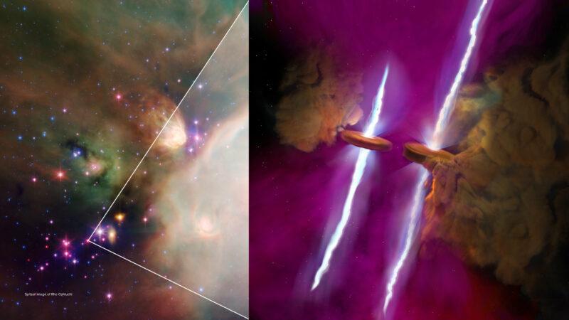Астрономы обнаружили параллельные диски и джеты, вырывающиеся из пары молодых звезд