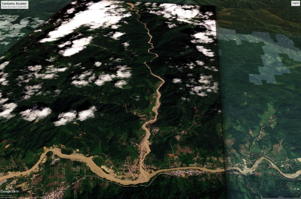 Изображение Канцамы в Эквадоре, полученное Planet Labs и наложенное на Google Earth, демонстрирует последствия оползня. Авторские права на изображение принадлежат Planet Labs, используется с разрешения, получено 5 июля 2026 года.